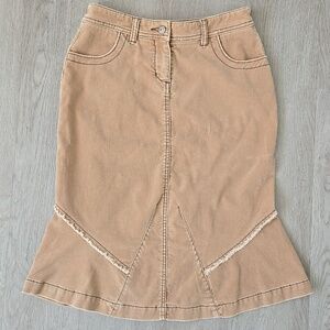 Anthropologie Louie Boho fringe skirt. Tan corduroy flounce ruffle Size 2